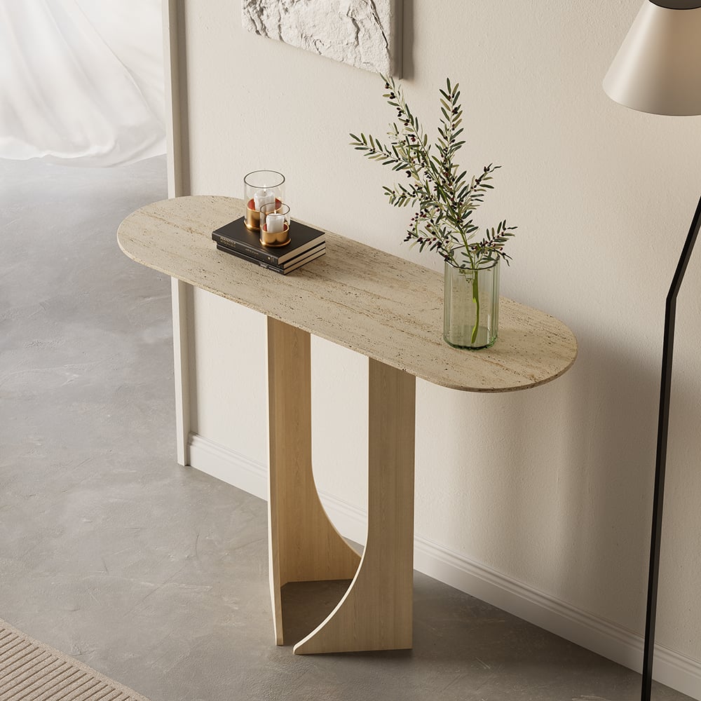 Japandi Oval Travertine Console Table