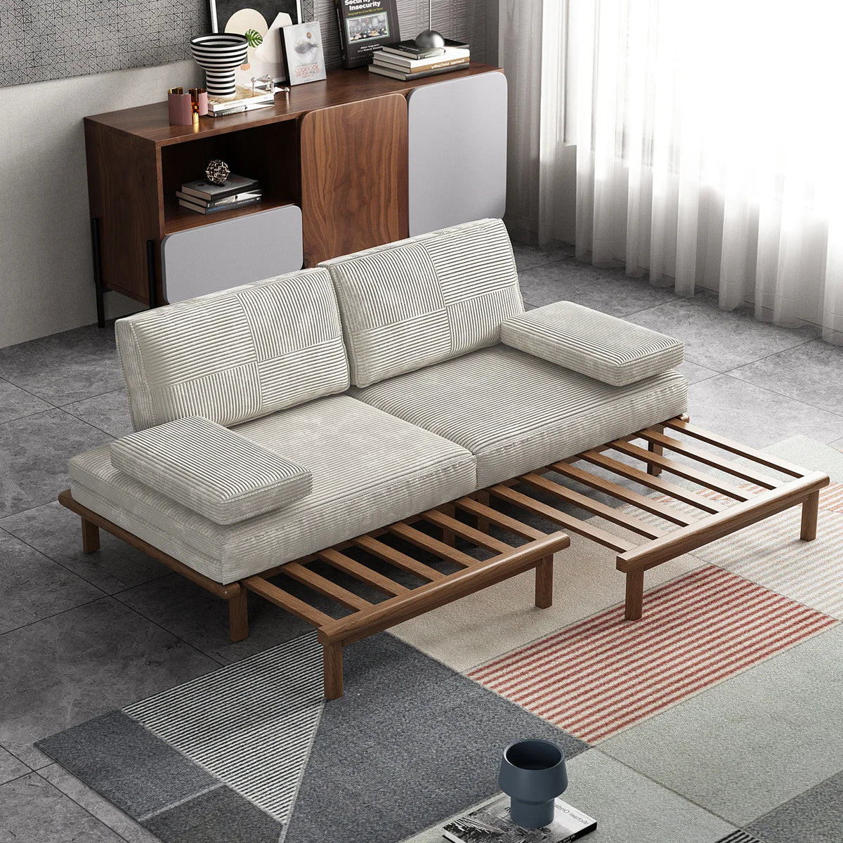 Gagik sofa with the slatted wood base extended