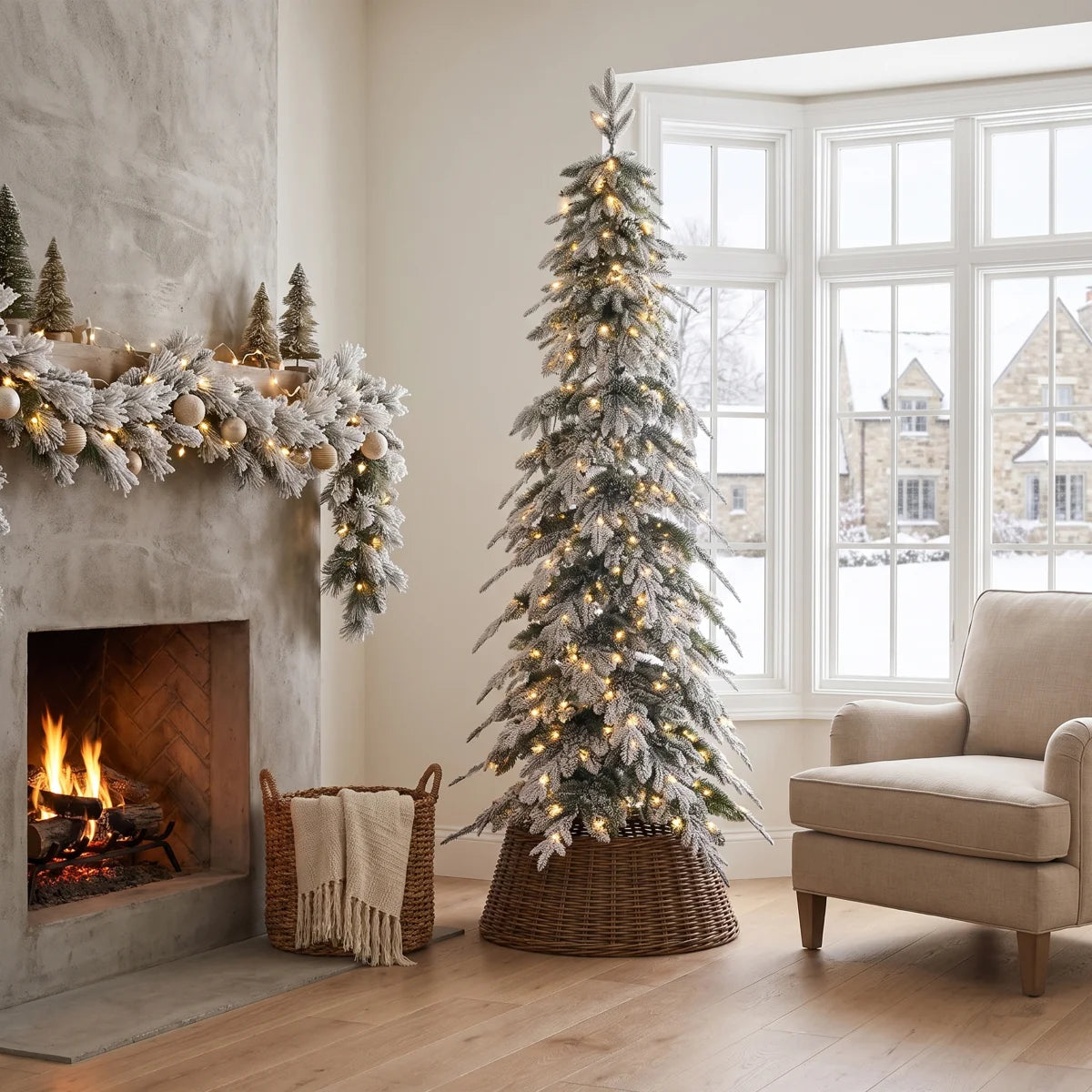 Hersi frosted spruce tree lit beside a fireplace and armchair