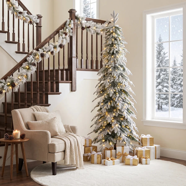 Japandi Frosted Pre-Lit Spruce Christmas Tree, 7.5 ft - Hersi