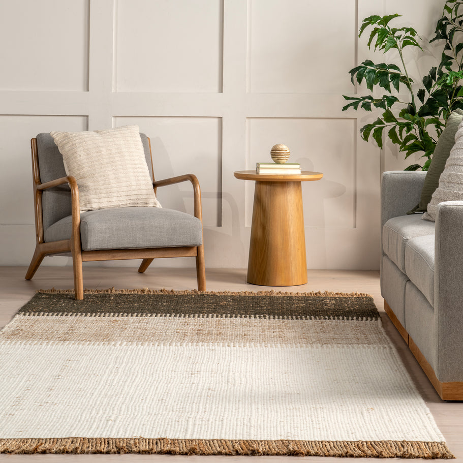 Japandi Rust Striped Fringed Rug