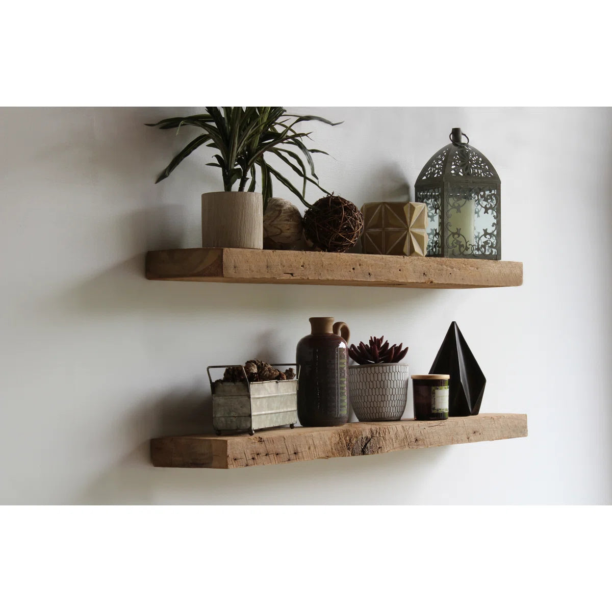 Joao reclaimed wood floating shelves styled with plants and vases