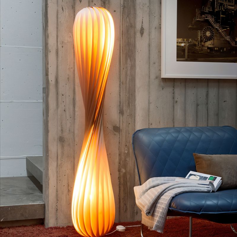 Japandi Curved Brass & Fabric Shade Floor Lamp – Modern Twist
