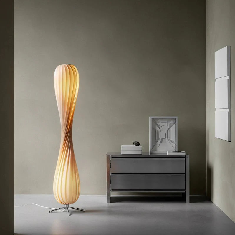 Japandi Curved Brass & Fabric Shade Floor Lamp – Modern Twist