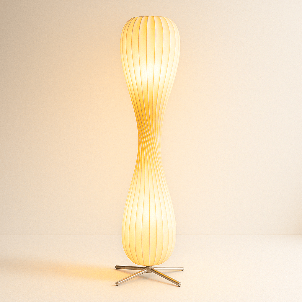 Japandi Curved Brass & Fabric Shade Floor Lamp – Modern Twist