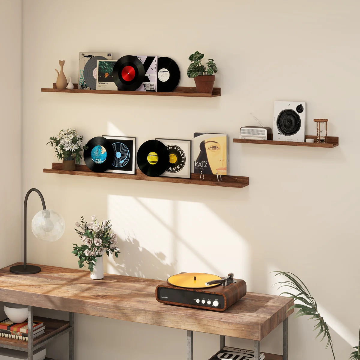 Parece shelves with records and plants