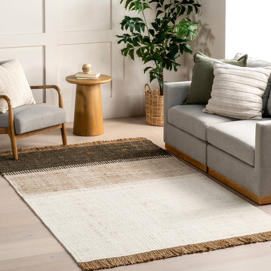 Japandi Rust Striped Fringed Rug