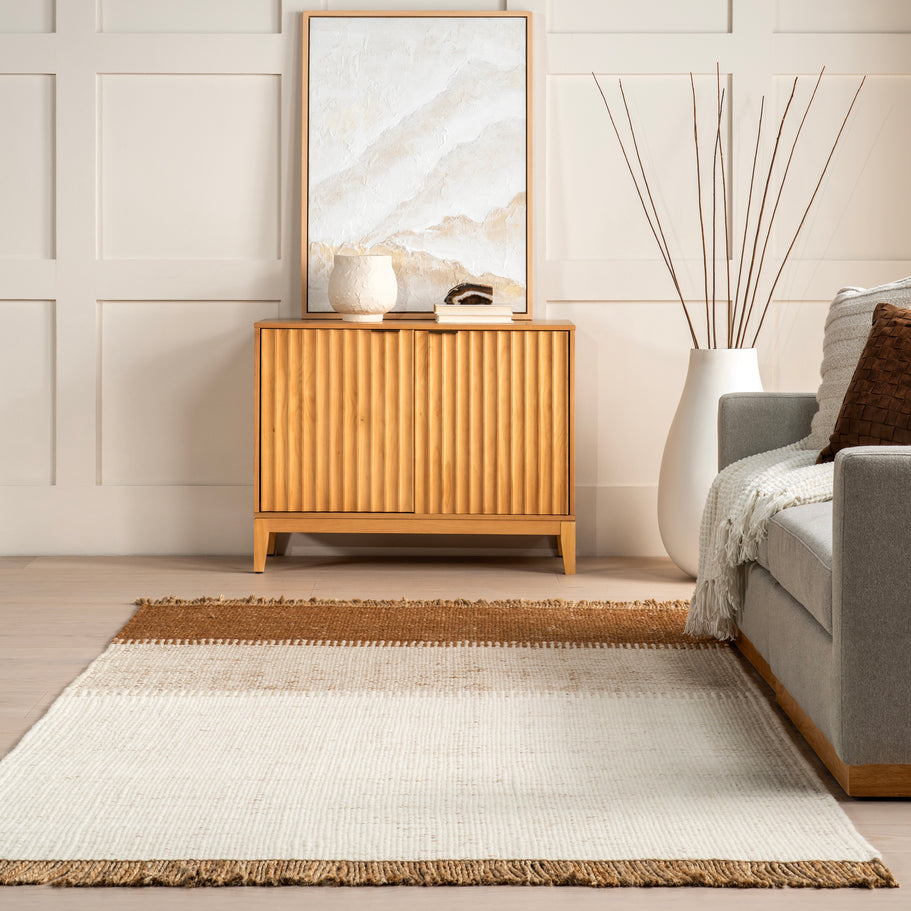 Japandi Rust Striped Fringed Rug