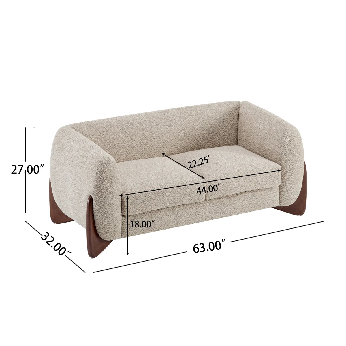 Rhudine loveseat dimensions: 63 inches wide, 32 inches deep, 27 inches high
