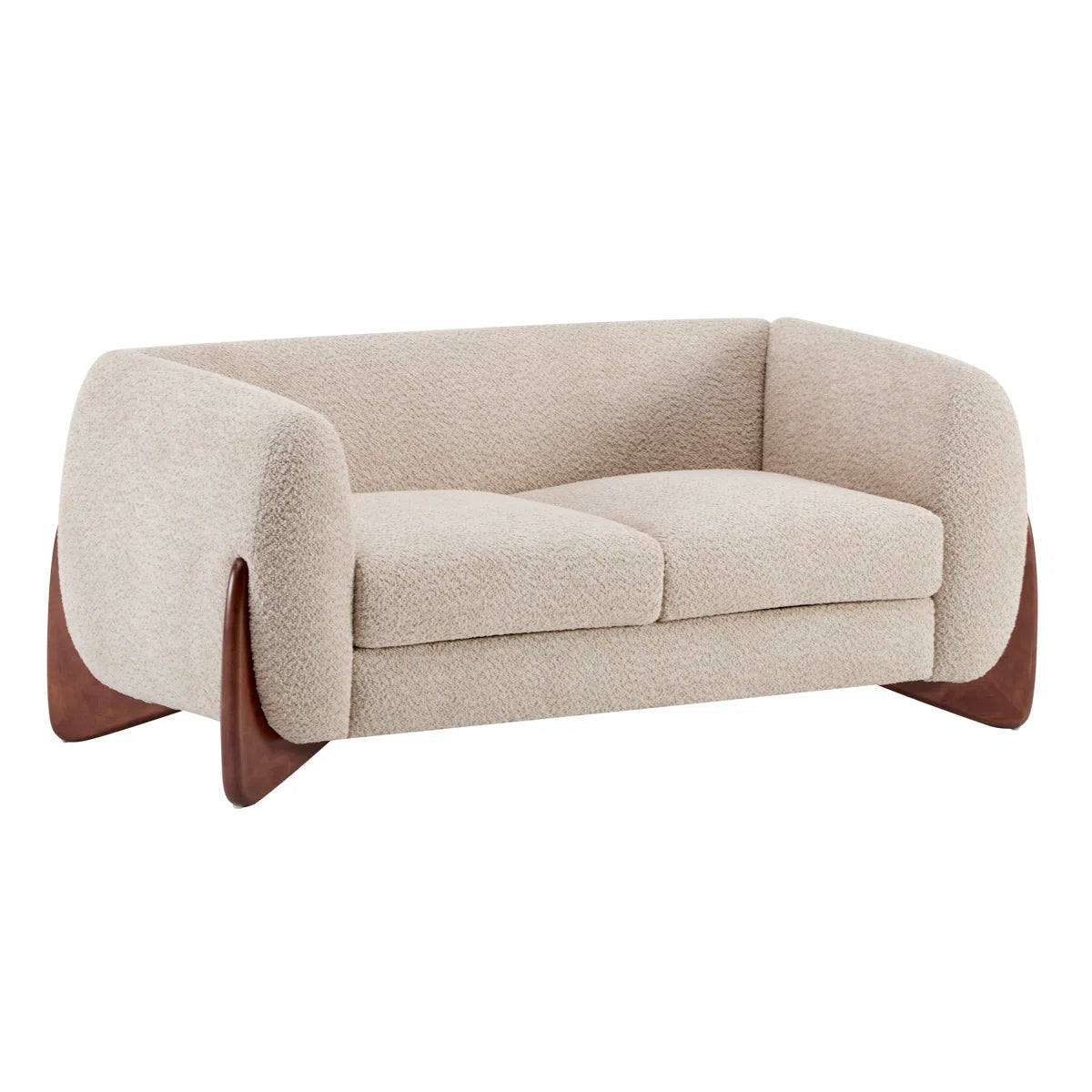 Rhudine boucle loveseat side angle showing the sculpted wood legs