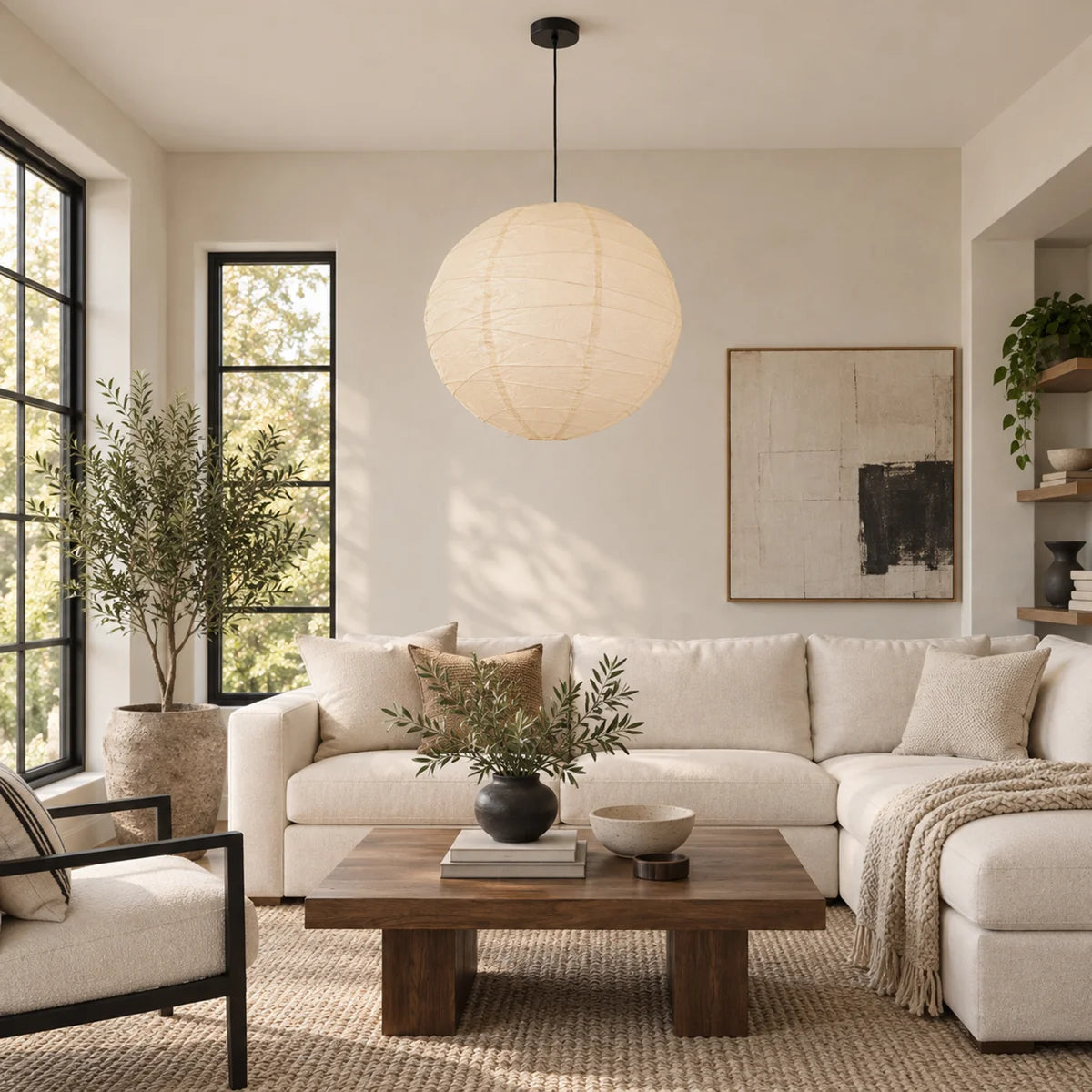 Japandi Rice Paper Globe Pendant Light over a living room