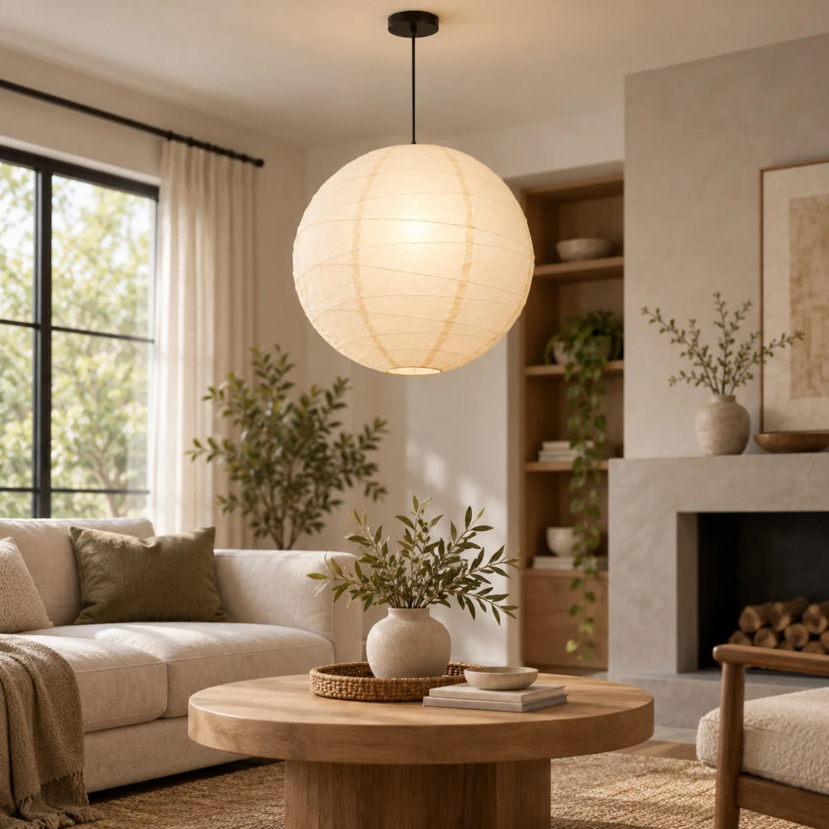 Rice paper globe pendant in a living room with a fireplace