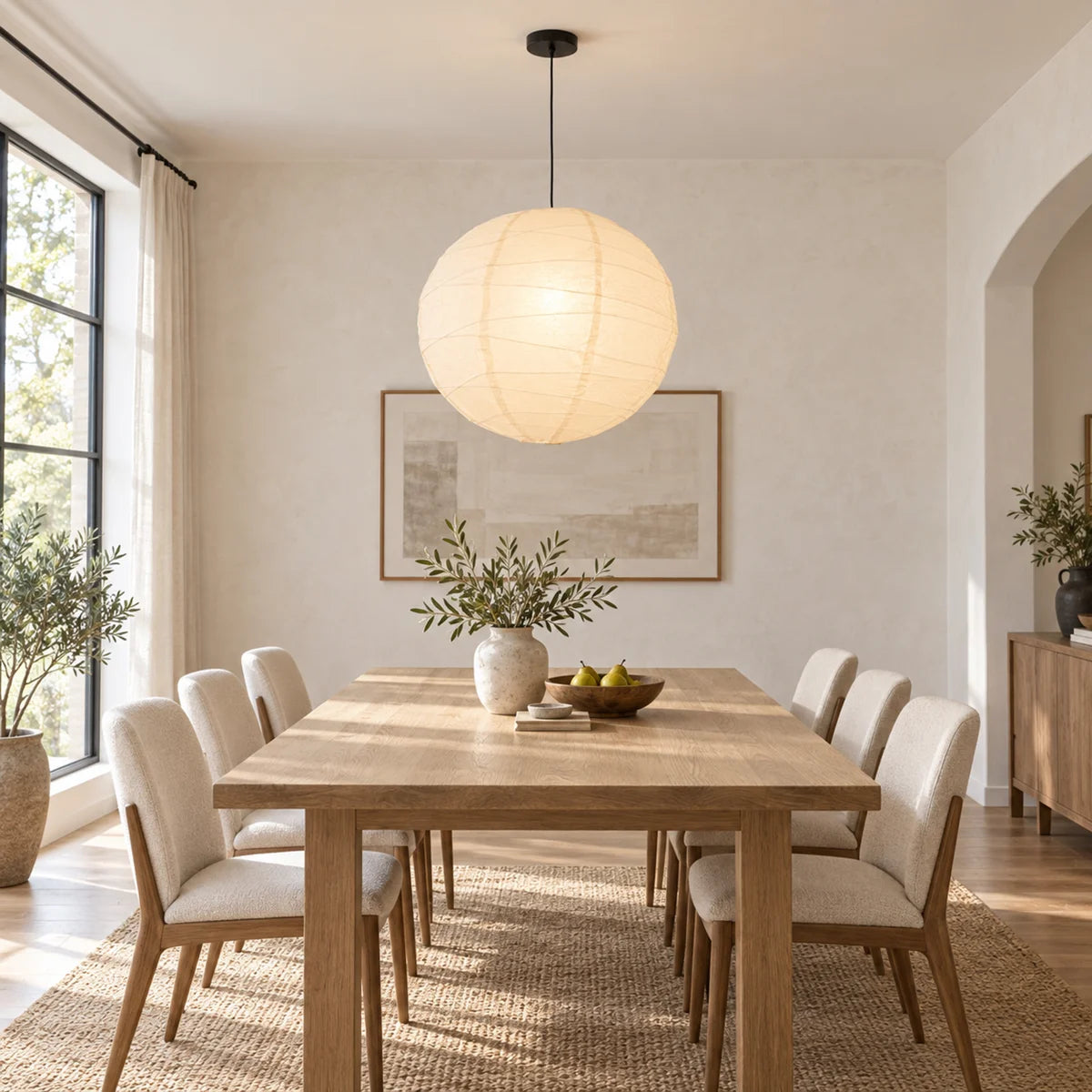 Rice paper globe pendant over a wood dining table