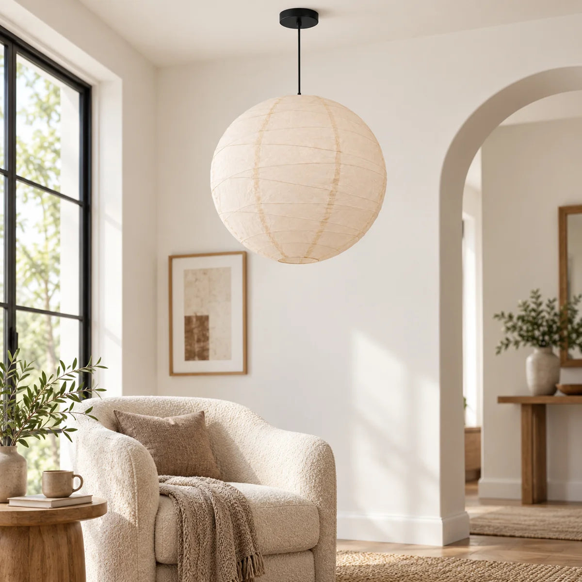Rice paper globe pendant in a bright reading corner