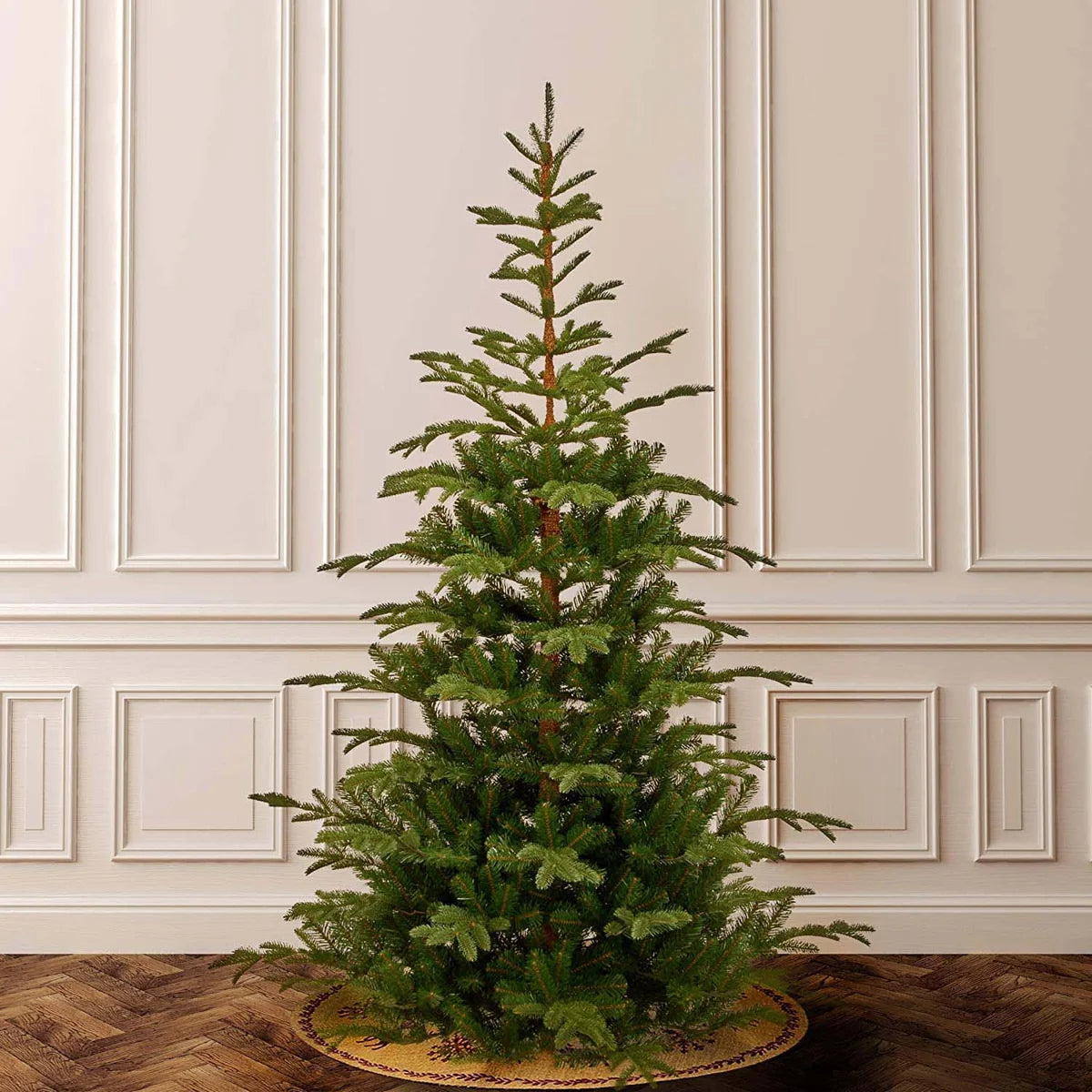 Scandinavian spruce tree against a paneled wall