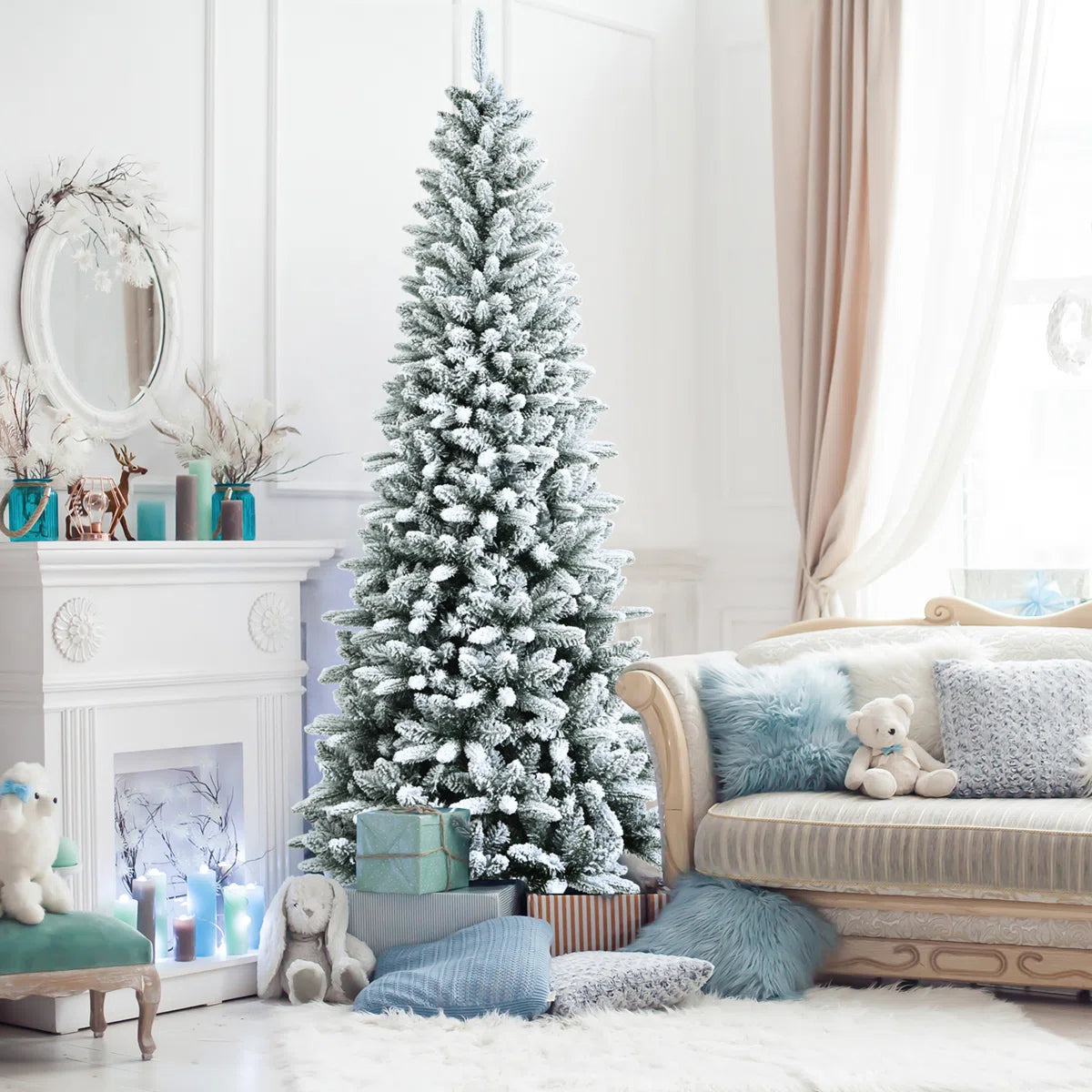 White flocked tree in a living room