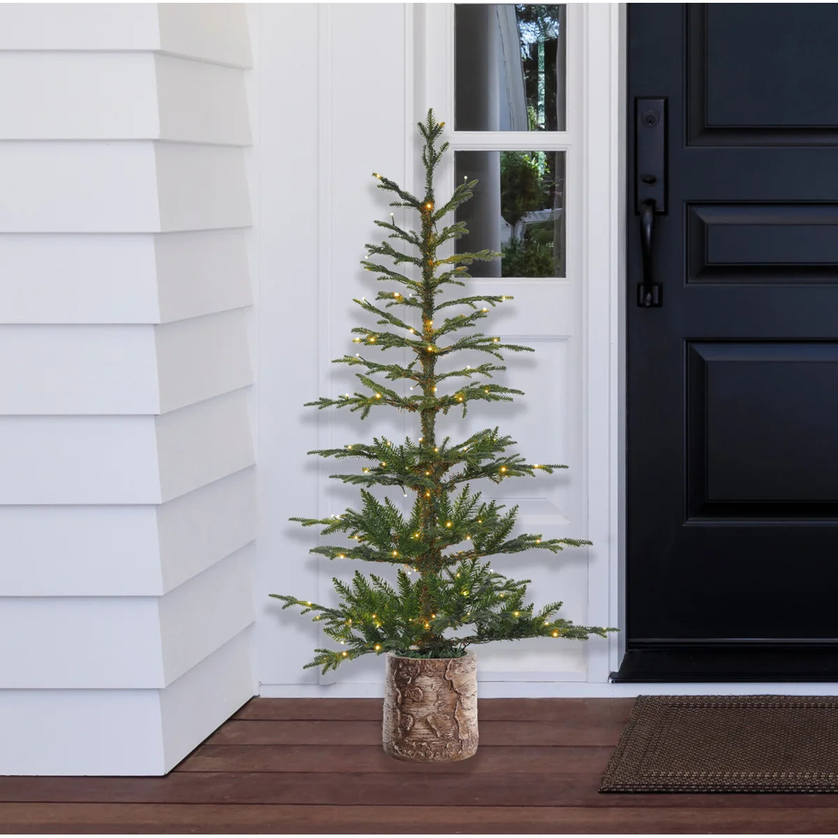 Sparse fir potted Christmas tree with lights by a front door