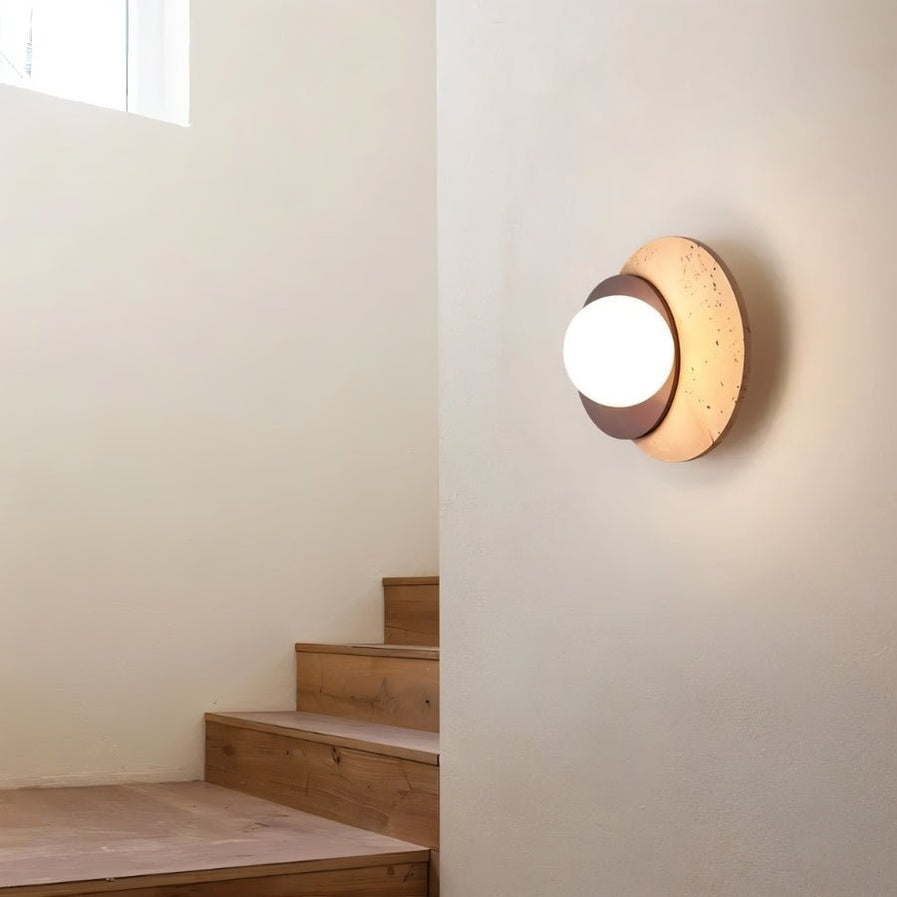 Japandi Slab Travertine Wall Lamp With Brass Base – Teus