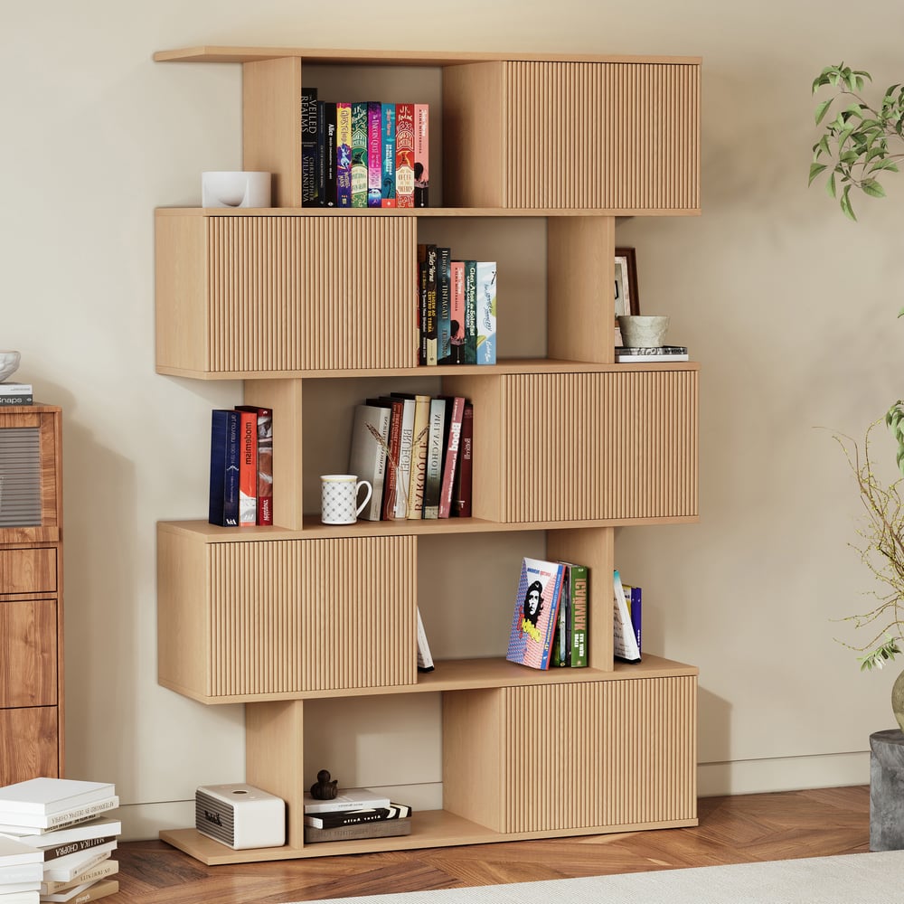 Japandi natural sliding door bookshelf