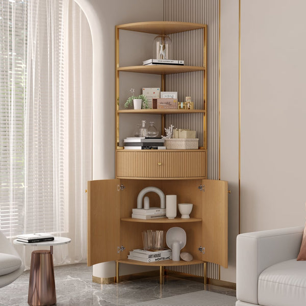 Japandi Natural Bookshelf with Drawer and Cabinet