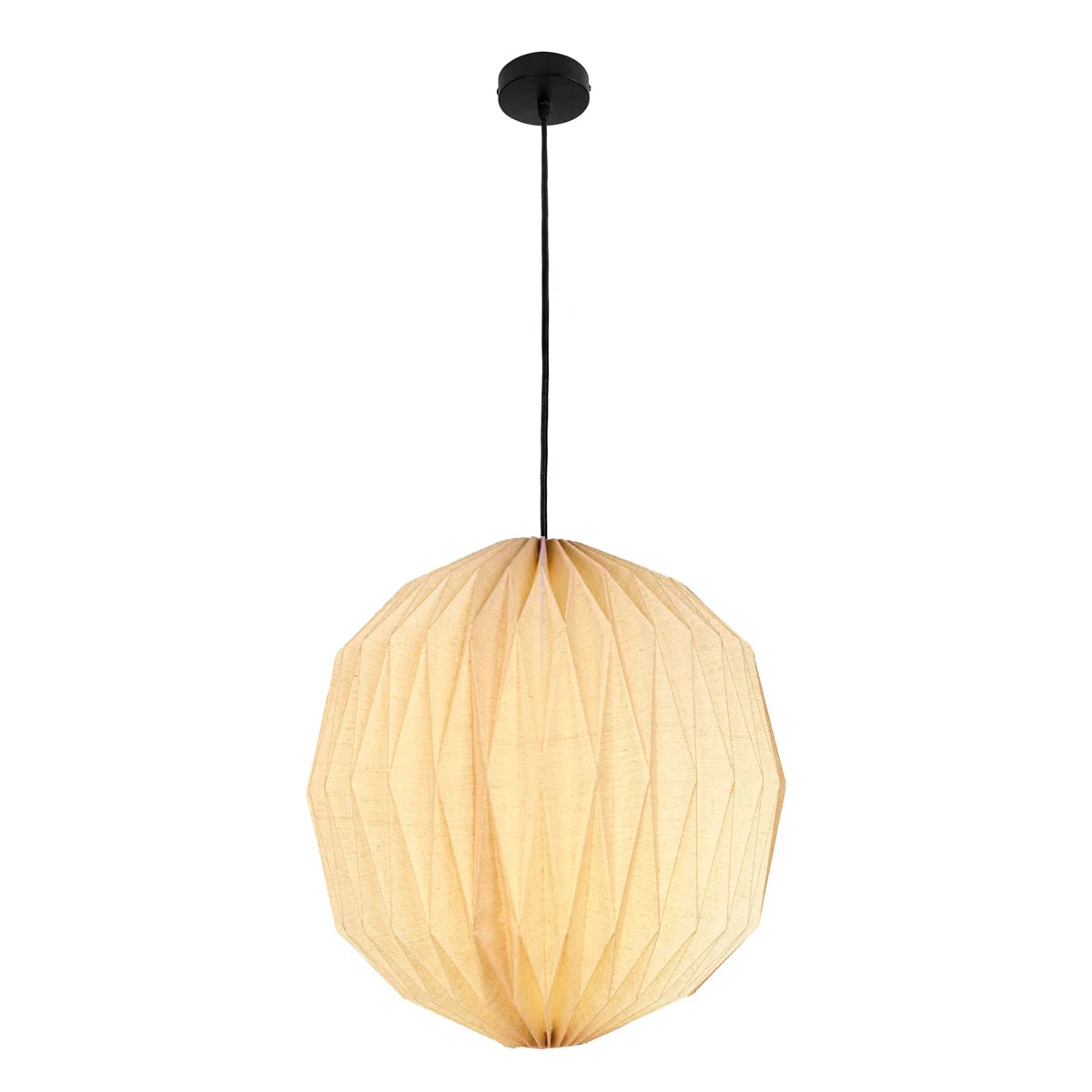 Vaughn honeycomb paper pendant lit with a warm glow