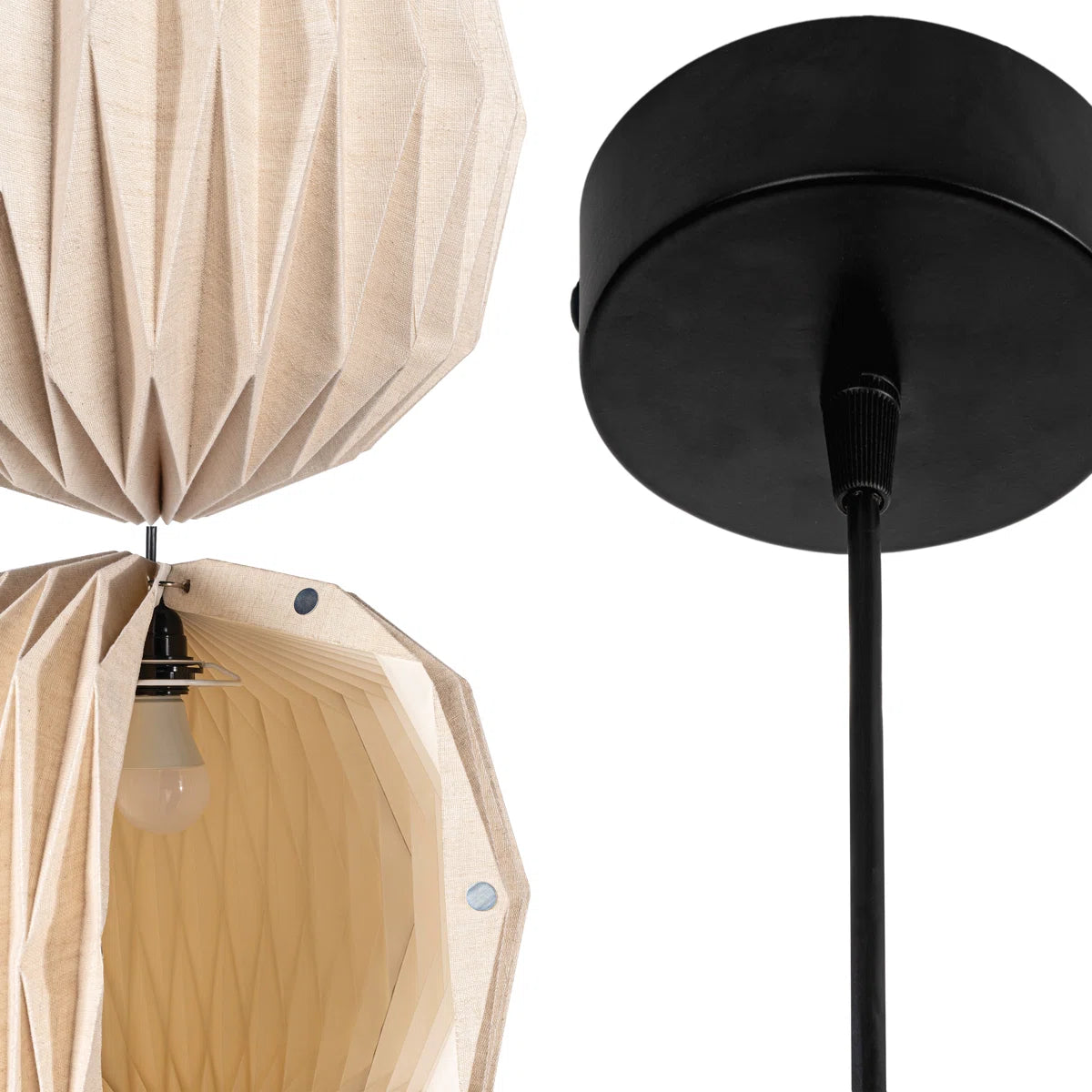 Vaughn pendant details: paper folds and black canopy