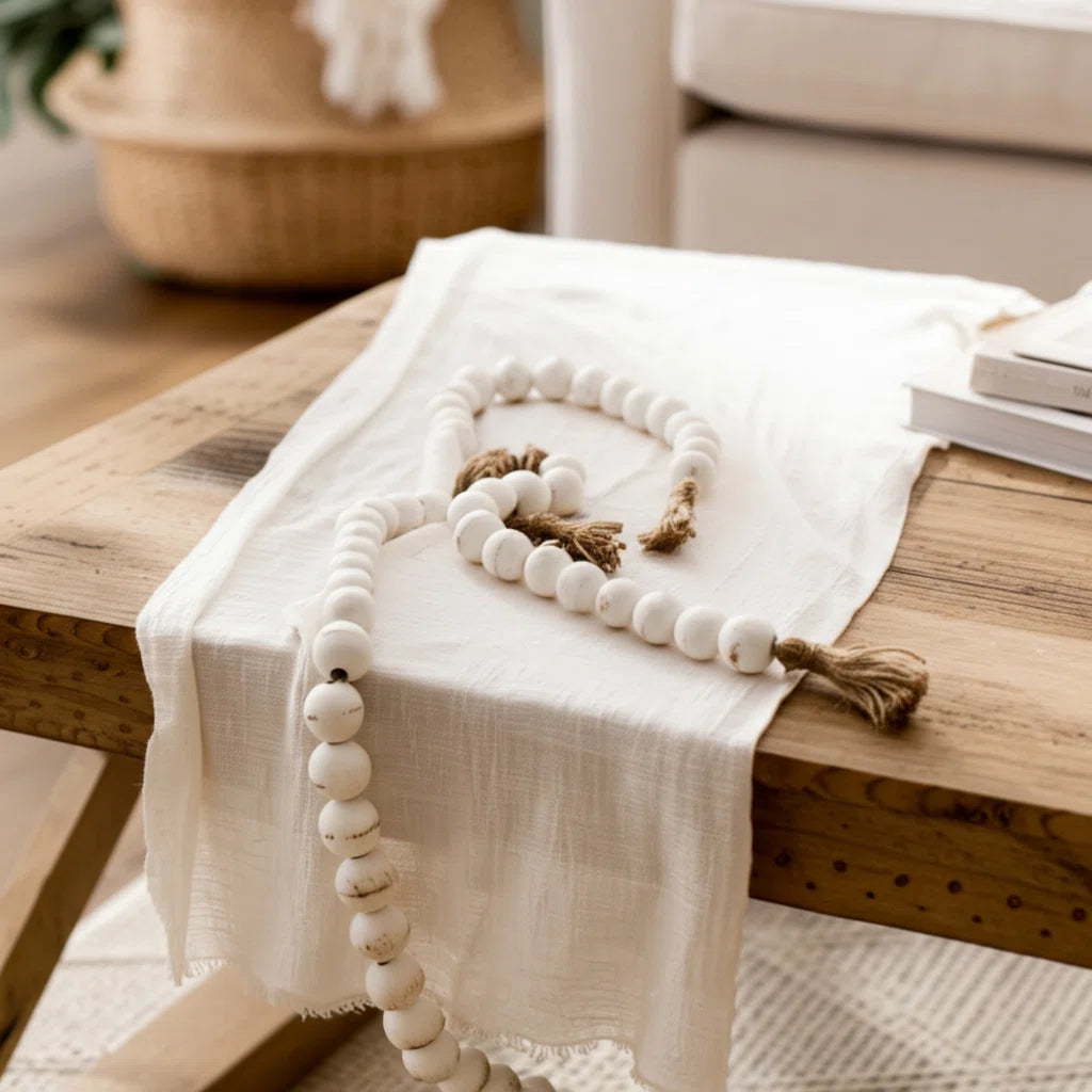 Bead garland on a linen table runner