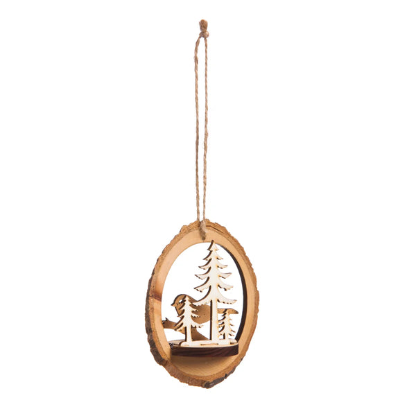 Japandi Wood Slice Ornament with Pine and Bird
