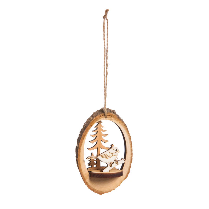 Japandi Wood Slice Ornament with Pine and Bird