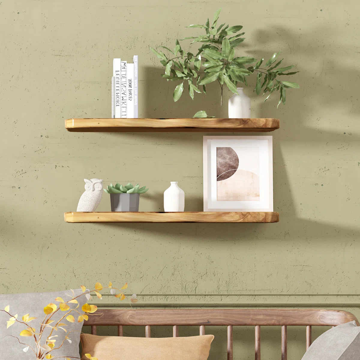 Zuzia live edge cedar shelves on a sage wall with books and plants