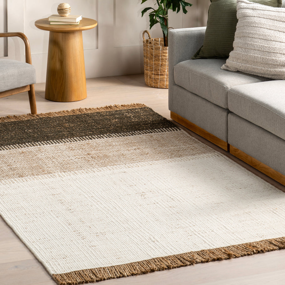 Japandi Rust Striped Fringed Rug